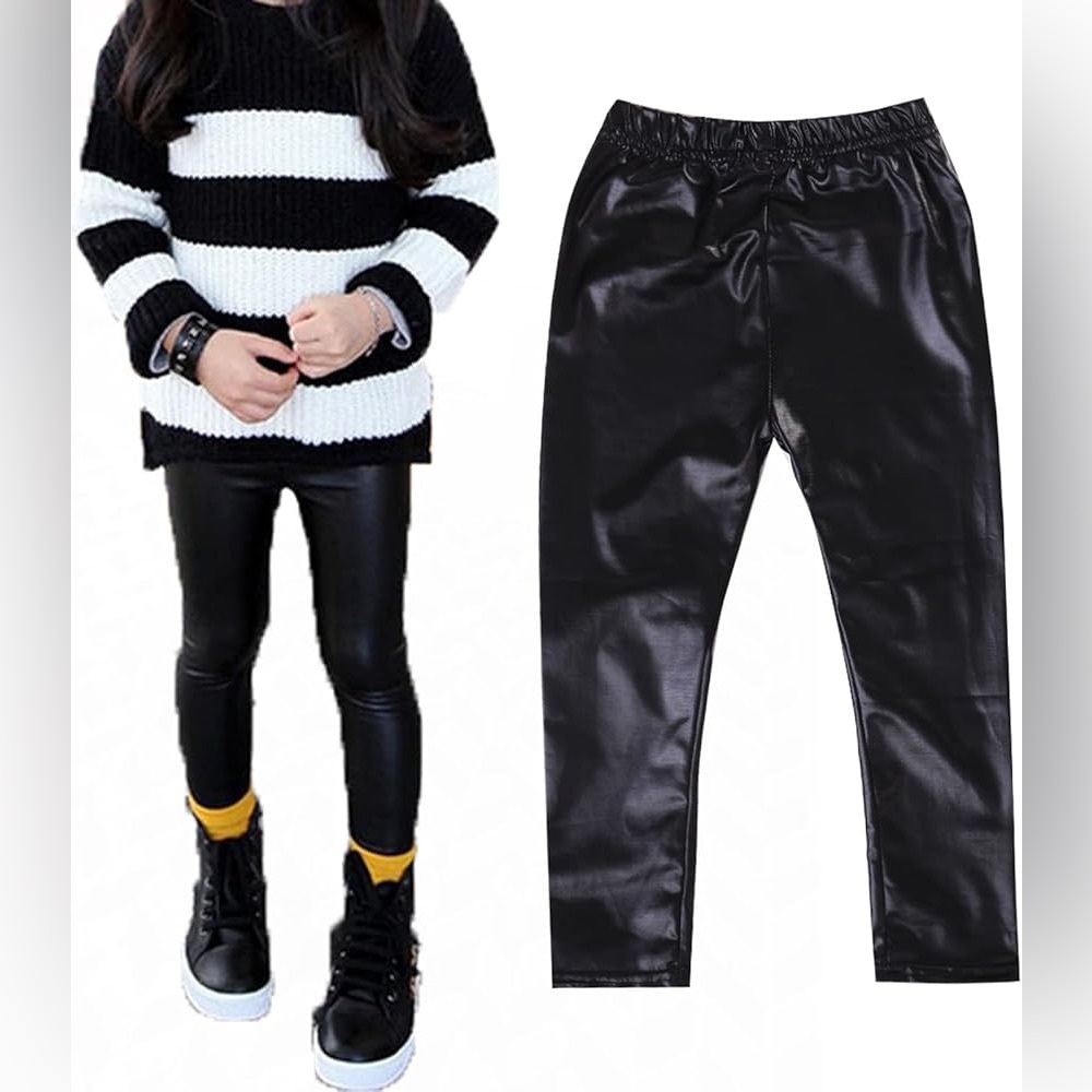 (A9) Shein Girls Kids Black Faux Leather Fashion Joggers‎ Pants Leggings 4Y